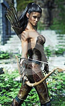 Fantasy elf female wearing exotic armor and equipped with a bow .