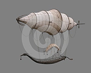 Fantasy elven gondola styled airship in flight. 3D rendering isolated on grey background