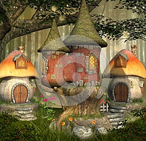 Fantasy elves mushrooms village - 3D illustration