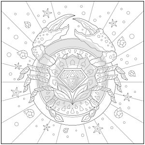 Fantasy emerald crab illustration with seashell and starfish. Learning and education coloring page