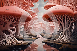 Fantasy enchanted fairy tale forest with magical pink mushrooms
