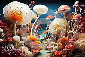 Fantasy enchanted fairy tale forest with magical pink mushrooms and flowers