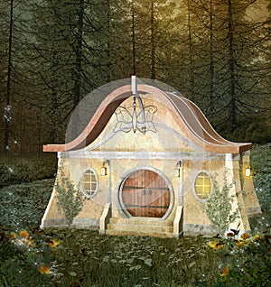 Fantasy enchanted house in a blooming forest