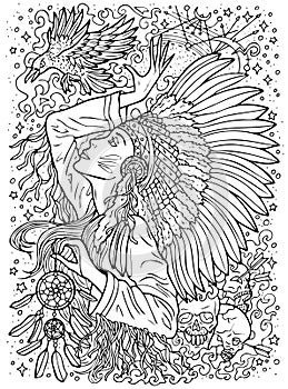 Fantasy engraved illustration with beautiful American Indian woman as witch or magician for coloring page. Hand drawn graphic line