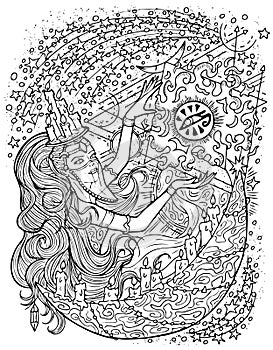 Fantasy engraved illustration with beautiful arabian woman as witch or magician for coloring page. Hand drawn graphic line art