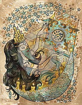 Fantasy engraved illustration with beautiful arabian woman as witch or magician on textured background. Hand drawn colorful