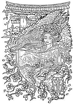 Fantasy engraved illustration with beautiful asian woman as witch or magician