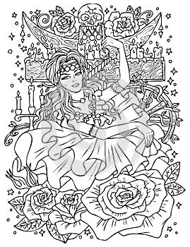 Fantasy engraved illustration with beautiful gypsy woman as witch or magician for coloring page. Hand drawn graphic line art with