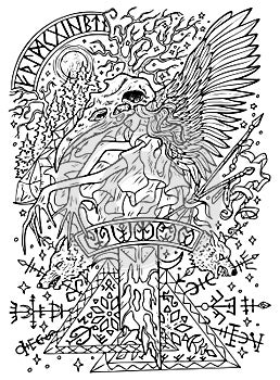 Fantasy engraved illustration with beautiful scandinavian woman as witch or magician for coloring page. Hand drawn graphic line