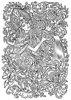 Fantasy engraved illustration with beautiful woman as witch or magician for coloring page. Hand drawn graphic line art with ethnic