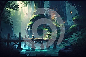 Fantasy environment of a magical forest in anime art style