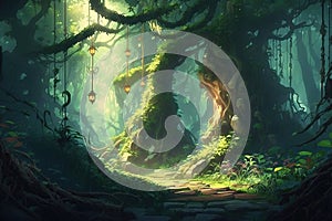 Fantasy environment of a magical forest in anime art style