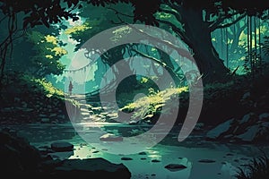 Fantasy environment of a magical forest in anime art style