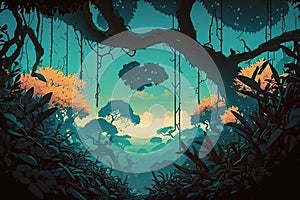 Fantasy environment of a magical forest in anime art style