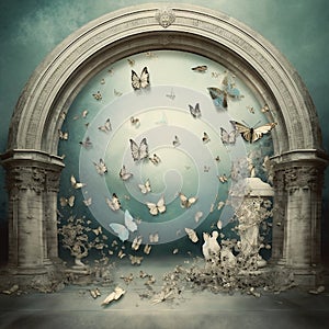 Generative AI: fantasy escene with butterfly and delicate structure in the heaven