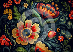 Fantasy ethnic Ukrainian floral ornament with a red flower and blue green leaves painted, AI Generated