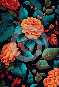 Fantasy ethnic Ukrainian floral ornament with a red flower and blue green leaves painted, AI Generated