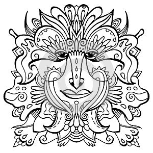 Flower-face line art. Hand-drawn ethnic floral doodle tattoo. Black vector illustration on a white background