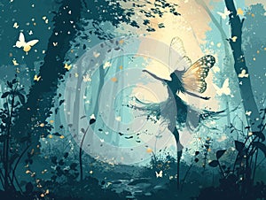Fantasy fairy flying in the forest with butterflies. illustration. Generative AI