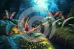 Fantasy fairy forest with butterflies and ferns