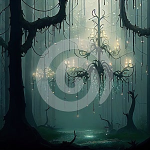 Fantasy fairy forest with chandelier