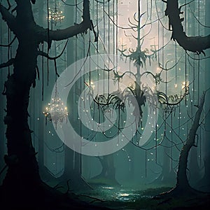 Fantasy fairy forest with chandelier