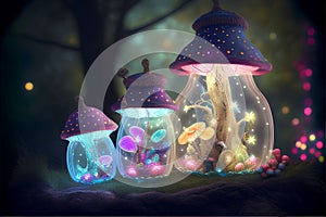 Fantasy fairy forest with magic lanterns. 3D illustration.