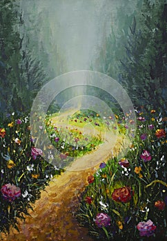 Fantasy fairy tale art landscape acrylic painting flower road in fairy forest