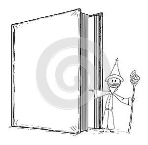 Fantasy or Fairy Tale Book Character Wizard is Inviting to Enter His World, Vector Cartoon Stick Figure Illustration