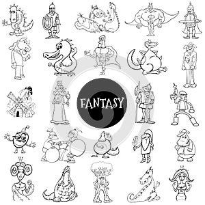 Fantasy or fairy tale characters set color book page