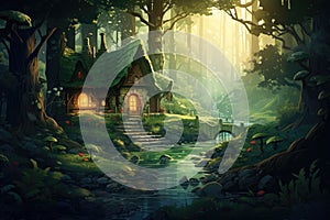 Fantasy fairy tale house in the forest. Digital painting illustration, Illustration of a house surrounded by a lush forest, AI