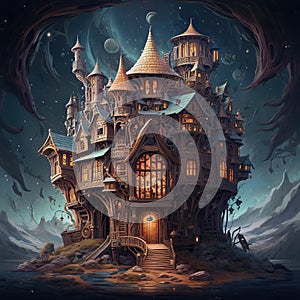 Fantasy fairy tale scene with haunted house