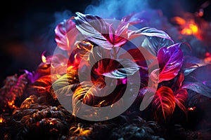 Fantasy fairy tale wallpaper with flame, smoke, forest, blooming flowers and plants, fabulous garden and night background, AI