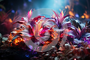 Fantasy fairy tale wallpaper with flame, smoke, forest, blooming flowers and plants, fabulous garden and night background, AI