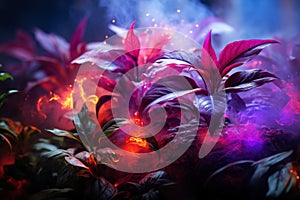 Fantasy fairy tale wallpaper with flame, smoke, forest, blooming flowers and plants, fabulous garden and night background, AI