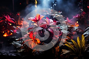 Fantasy fairy tale wallpaper with flame, smoke, forest, blooming flowers and plants, fabulous garden and night background, AI