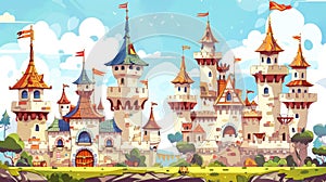 Fantasy fairytale ancient kingdom fortress palace or fort, with flag flying on tower, windows, and gate. Cartoon modern