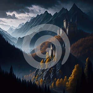 Fantasy Fairytale Castle Fortress In Mountain, Clouds and Mist, Autumn Colors Forest, Generative Ai