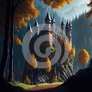 Fantasy Fairytale Castle Fortress In Mountain, Clouds and Mist, Autumn Colors Forest, Generative Ai