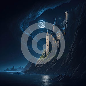 Fantasy Fairytale Castle Fortress On Sea Ocean Cliff, Night With Warm Lights Generative Ai