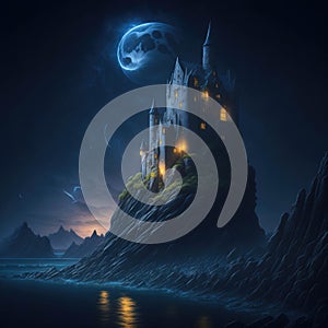 Fantasy Fairytale Castle Fortress On Sea Ocean Cliff, Night With Warm Lights Generative Ai