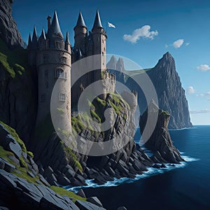 Fantasy Fairytale Castle Fortress On Sea Ocean Cliff, Night With Warm Lights Generative Ai