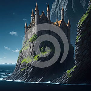 Fantasy Fairytale Castle Fortress On Sea Ocean Cliff, Night With Warm Lights Generative Ai