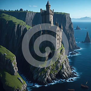 Fantasy Fairytale Castle Fortress On Sea Ocean Cliff, Night With Warm Lights Generative Ai