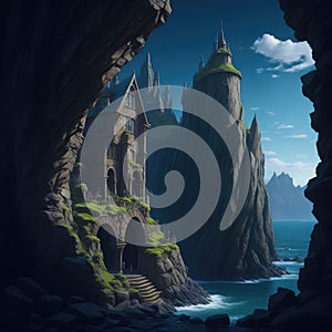 Fantasy Fairytale Castle Fortress On Sea Ocean Cliff, Night With Warm Lights Generative Ai