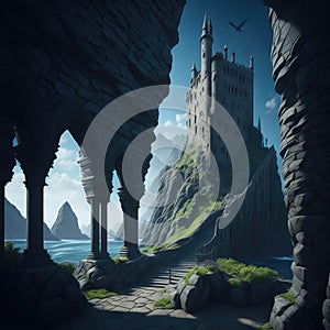 Fantasy Fairytale Castle Fortress On Sea Ocean Cliff, Night With Warm Lights Generative Ai
