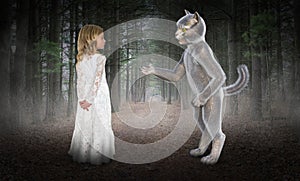 Fantasy Fairytale, Cat, Girl, Forest, Friends