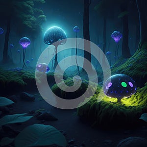 Fantasy Fairytale Dark Forest With Big Glowing Fluorescent Neon Mushrooms Mossy Root Rock Surface Ground Night Scene With Tick