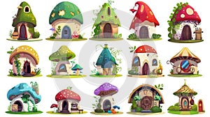 Fantasy fairytale mushroom gnome or elf house modern set. Fairytale forest house for magic dwarf or hobbit with window