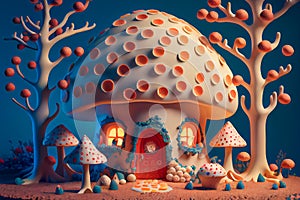 Fantasy fairytale mushroom house, ai illustration